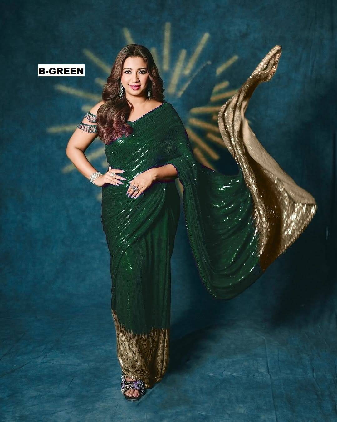 Bottle Green Bollywood Blockbuster Georgette Saree with Dual Sequin Embroidery